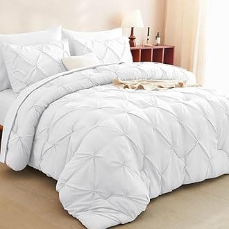 Queen Comforter Set White, 7 Pieces Pintuck Bed in A Bag, Premium White Comforter Queen Size, Pinch Pleat Bedding Sets with Comforter, Sheets, Pillowcases & Shams