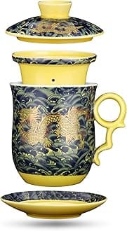 Chinese Dragon Pattern Tea-Mug with Strainer Infuser and Lid and Saucer Ceramic Tea Mug Convenient System Chinese Porcelain Personal Tea Cup 13.5oz(400ml) - DARK GREEN TC400