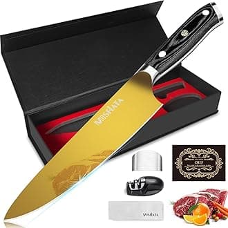 MOSFiATA 8" Chef Knife, Sharp Professional Kitchen Knife High Carbon German EN1.4116 Stainless Steel Cooking Knife, Chopping Knife Kitchen Knives Titanium Gold with Ergonomic Handle, Gift Box
