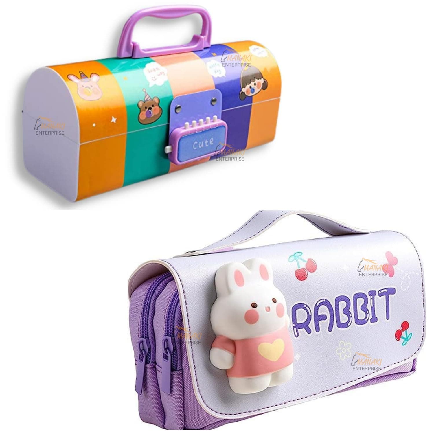 Pencil case Style Password Lock Multi-Layer Pencil Box & 3D EVA Pencil Case Pouch for Boys Girls(Cute Multicolor P.Box+Rabbit Pouch)