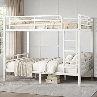 Full Over Full Bunk Bed, Metal Bunk Bed Frame Heavy Duty Bunk Beds Loft Bed Frame with Ladder and Guardrail Metal Slats No Box Spring Required for Adults Teens, White