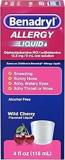 Benadryl Allergy Medicine, Liquid Diphenhydramine HCl Antihistamines for Adults, Alcohol-Free, Hay Fever Allergy Relief for Sneezing, Runny Nose, Itchy & Watery Eyes, Wild Cherry 4 fl oz