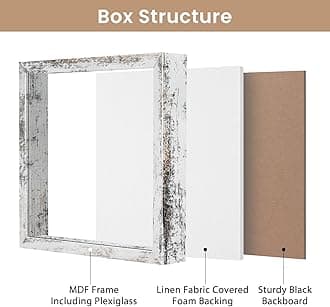 Califortree 11x11 Shadow Box Frame with Soft Linen Back - Metal Push Pins Included, Memory Box Display Case for Memorabilia Flower Awards Medals Wedding Photos, Rustic White