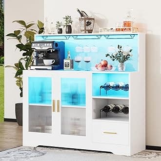 Bar Cabinets for Home with LED Light & Storage Drawer & Glass Holder & Wine Rack & Power Outlet & Door & Shelves for Living Room Kitchen Modern White