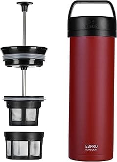 P0 Ultralight Travel Cafetiere French Press Vacuum Insulated Stainless Steel Dishwasher Safe, 16 Ounces, Cranberry