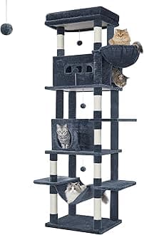 Hzuaneri Cat Tree for Indoor Cats, 210 cm Large Tall Cat Tower, Multi-Level Cats House with Condo, 8 Scratching Posts, Hammock, 4 Pom Poms, Dark Grey MS21018SG