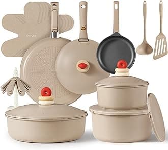 CAROTE 24pcs Pots and Pans Set Non Stick, Nonstick Cookware Set, Oven/Dishwasher/Fridge Safe Pots and Pans, RV Safe Cookware, Induction Kitchen Gift Set Detachable Handle, Brown