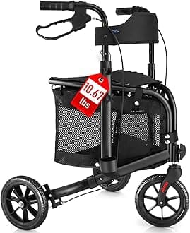 WALK MATE 3 Wheel Rollator Walker with Seat for Slim Seniors, Padded Backrest Lightweight Foldable Travel Walker Ideal for Elderly, 8 Inch Tri-Wheel Modern Mobility Walking Aid Aluminum, Black