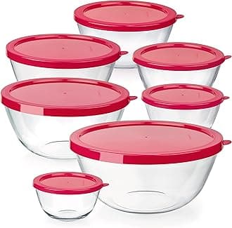 7 Stackable Space-Saving Nesting Glass Bowls with Pink Lids for Foodprep, Storage, Baking, Mixing & Cooking, Microwave Safe - Durable Inert Borosilicate Glass