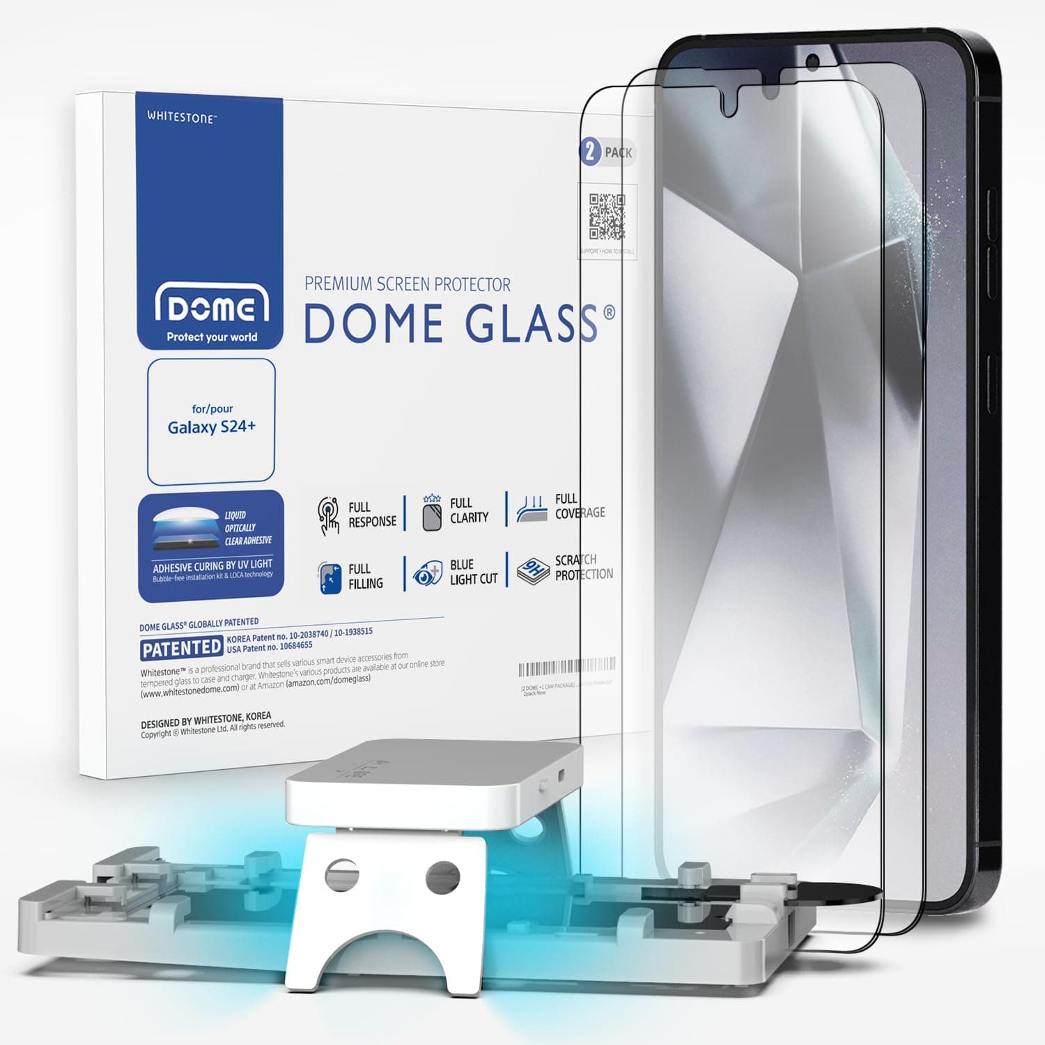 2PACK [ Bubble free, non-sliding type installation kit ] Whitestone Screen Protector compatible with Samsung Galaxy S24 Plus - Two Pack - UV Lamp Included