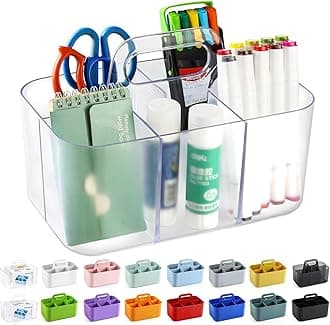 Multiuse Caddy Organizer with Handle, Portable Plastic Tote Bin - Art Craft, Stationary Pen Marker Crayons, Makeup Hair Supplies Storage - Bathroom, Classroom, Dorm, Office, Desk Holder -Frosted Clear