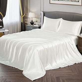 Vonty Satin Sheets Full Size Silky Soft Satin Bed Sheets Ivory White Sheet Set, 1 Deep Pocket Fitted Sheet + 1 Flat Sheet + 2 Pillowcases