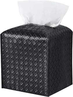Tissue Box Cover PU Leather Tissue Holder Square Facial Tissue Case Facial Paper Organizer Dispenser for Bathroom, Vanity Countertop, Tabletop, Car, Black