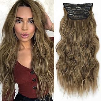 ALXNAN Clip in Long Wavy Synthetic Hair Extension 4PCS Thick Hairpieces Fiber Double Weft Hair for Women (20 Inch, Gold Blonde/Ash Brown)