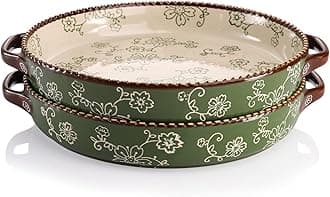 AVLA 2 Pack Ceramic Pie Pan, 23 cm Round Baking Dish with Double Handle, 28 Ounce Deep Quiche Plate for Kitchen, Cooking, Roasting Lasagna (Sakura, Green)