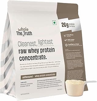 The Whole Truth Whey Protein Concentrate Unflavoured |1 kg (2.2 lbs) | 26g Protein per Scoop | 6.4g BCAA | 100% Authentic Whey & No Adulteration | Clean and Light | Muscle Building