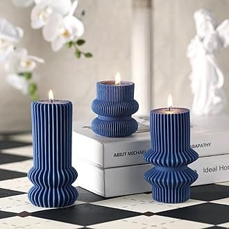 MTLEE3 Pcs Small Ribbed Pillar Candles Scented Pillar Candle Tall Pillar Candle Soy Wax Aesthetic Candle 4.7, 4.2, 3.2 in Height Modern Geometric Home Decor for Bathroom Living Room(Navy Blue)