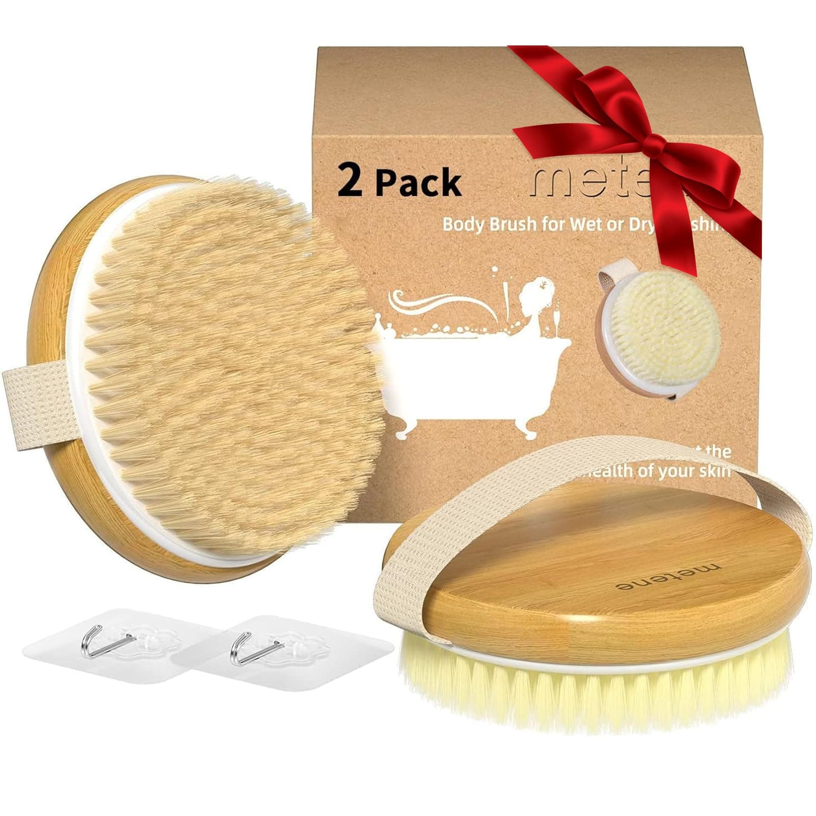 Metene 2 Pack Bamboo Dry Body Brushes, Shower Brush Wet and Dry Brushing, Dry Brush for Cellulite and Lymphatic, Body Scrubber with Soft and Stiff Bristles, Suitable for All Kinds of Skin
