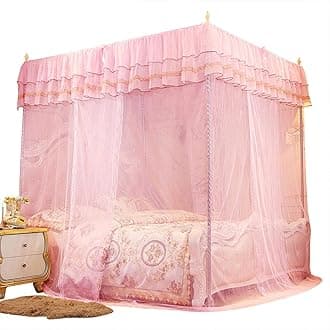 4 Corner Post Bed Canopy, Luxury Princess Net, 3 Side Openings, Polyester/Lace, Pink, Romantic Style, Single/Double/King Size, 150 x 150 x 200 cm