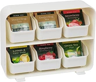 Tea Bag Organizer, Tea Station Organizer, Countertop Storage, Kitchen, Plastic, 10.25"L x 3.25"W x 7.75"H, White