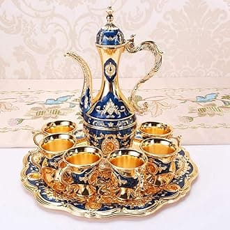 Hapivida Vintage Tea Set, Moroccan Engraved Teapot Set Luxury Metal Coffee Cup Set with Golden Trim Elegant Turkish Coffee Service Set with Tray for Tea Party, Wedding (Blue)