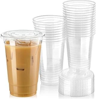 50 Pack 20 oz Clear Plastic Cups with Flat Lids, Disposable Iced Coffee Cups, BPA Free Premium Crystal Smoothie Cup for Party, Lemonade Stand, Cold Drinks, Juice, Milkshake