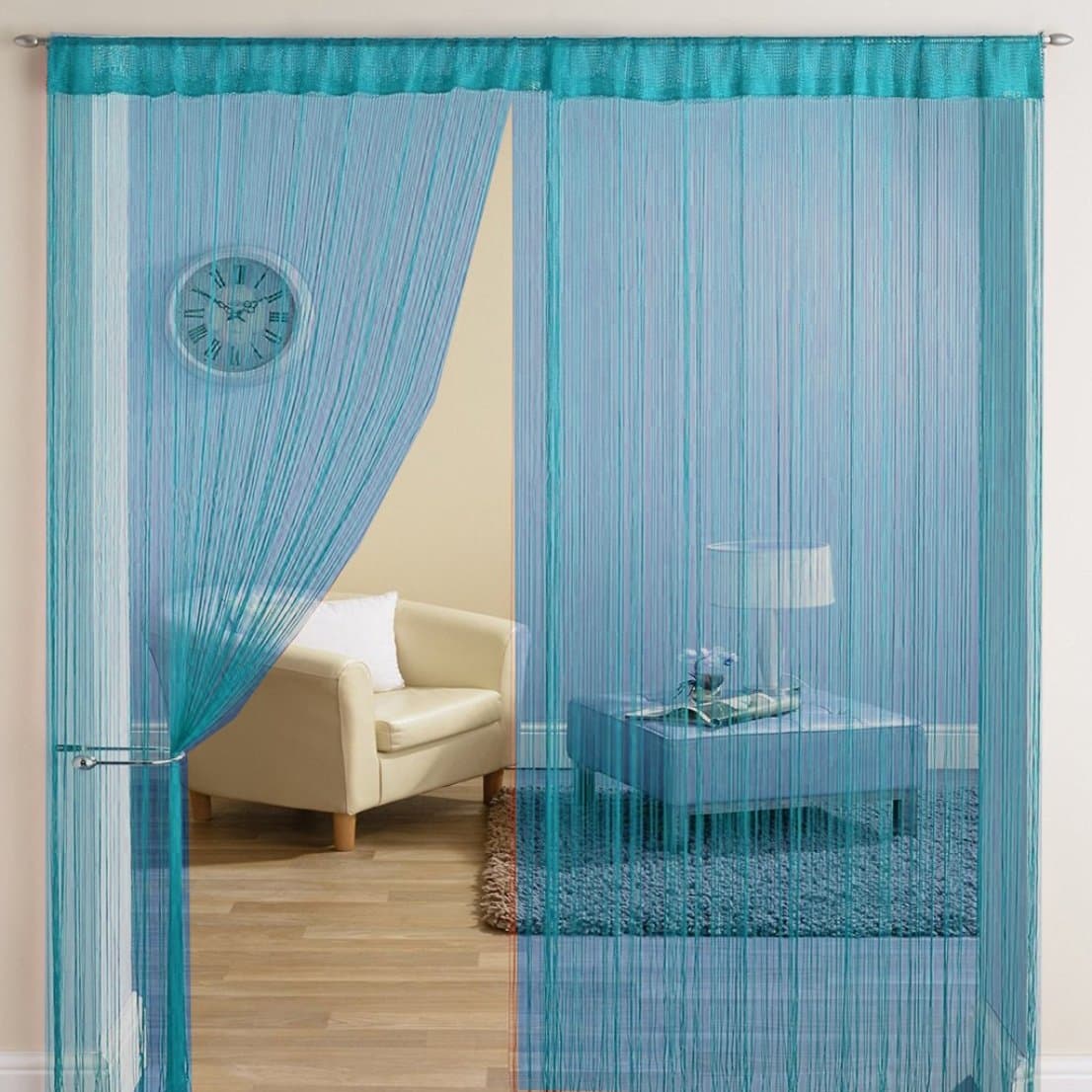 HFI 2 Piece Solid Tabtop Polyester Threads String Curtain - Door - 7 feet, Aqua Blue, Semi Transparent Curtain
