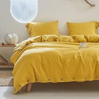 Simple&Opulence 100% Linen Duvet Cover Set 3pcs with Coconut Button Closure Natural French Washed Flax Solid Color Soft Breathable Farmhouse Bedding - Mustard Yellow, King Size
