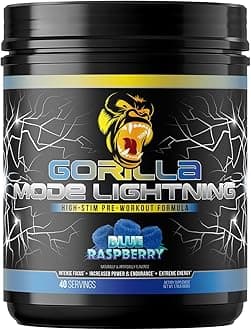 Gorilla Mode Lightning Pre-Workout - Extreme Energy · Laser Focus · Powerful Pumps · Peak Performance - 550mg Caffeine, 13500mg L-Tyrosine, Alpha-GPC– 808g (Blue Raspberry)