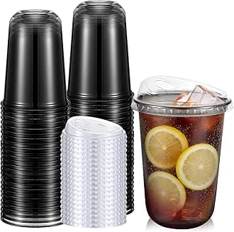 50 Sets Clear Plastic Coffee Cups with Sip Lids, Disposable Plastic PET Crystal Cups for Iced Coffee, Smoothie, Cold Beverage, Drink Shops and Party Catering(Clear Black,16 oz)