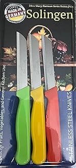 MADE IN SOLINGEN GERMANY STAINLESS STEEL KNIFE SET -PACK OF 3 (ORANGE, YELLOW, LIME) -3.35" ULTRA SHARP SERRATED BLADE -IDEAL FOR KITCHEN/GENERAL USE, BREADS AND PRECISION FOOD CUTTING