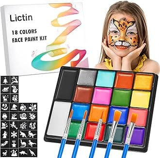Lictin Water Based Face Paint - 18 Colors Face Painting Kit with Stencils and Brushes, Halloween Makeup Kit for Adults and Kids, Professional Non Toxic Washable