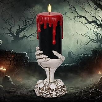 Lasumora Black Halloween Flameless Candles with 6H Timer, Battery Operated LED Pillar Candles with Skull Hand Candle Holder, Halloween Decorations Dripping Wax Horror Spooky Indoor Table Centerpiece