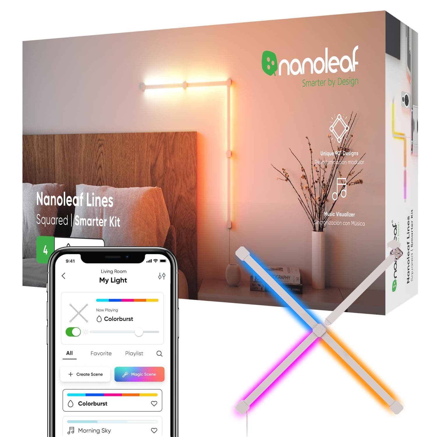 Lines 90 Degrees Starter Kit, 4 Smart Light Bars LED RGBW - Backlit Modular Wi-Fi Colour Changing Wall Lights, Music & Screen Sync, Works with Alexa Google Apple, Decor & Gaming