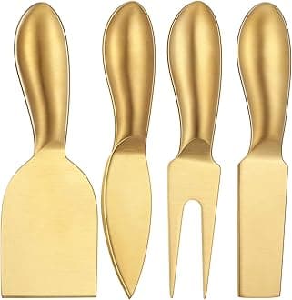 Patelai 4 Pcs Stainless Steel Cheese Knives Set, Gold Knife Fork Slicer Butter Knife Set for Charcuterie and Cheese Spread Kitchen Cooking Gift for Women