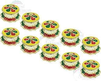 Soul Artisan Round Flower Design Single Kumkuma Holder Chimil Box - Plastic Golden Metallic Color(Pack of 10) - Decorative Design Tilak Daani, Sindoor for Women Return Gift, Diwali, Weddings, Pooja