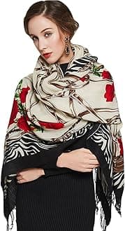 DANA XU 100% Merino Wool Pashmina Shawl for Women 96"x43", Oversized Cashmere Wrap with Tassels, Floral Travel Blanket Cape