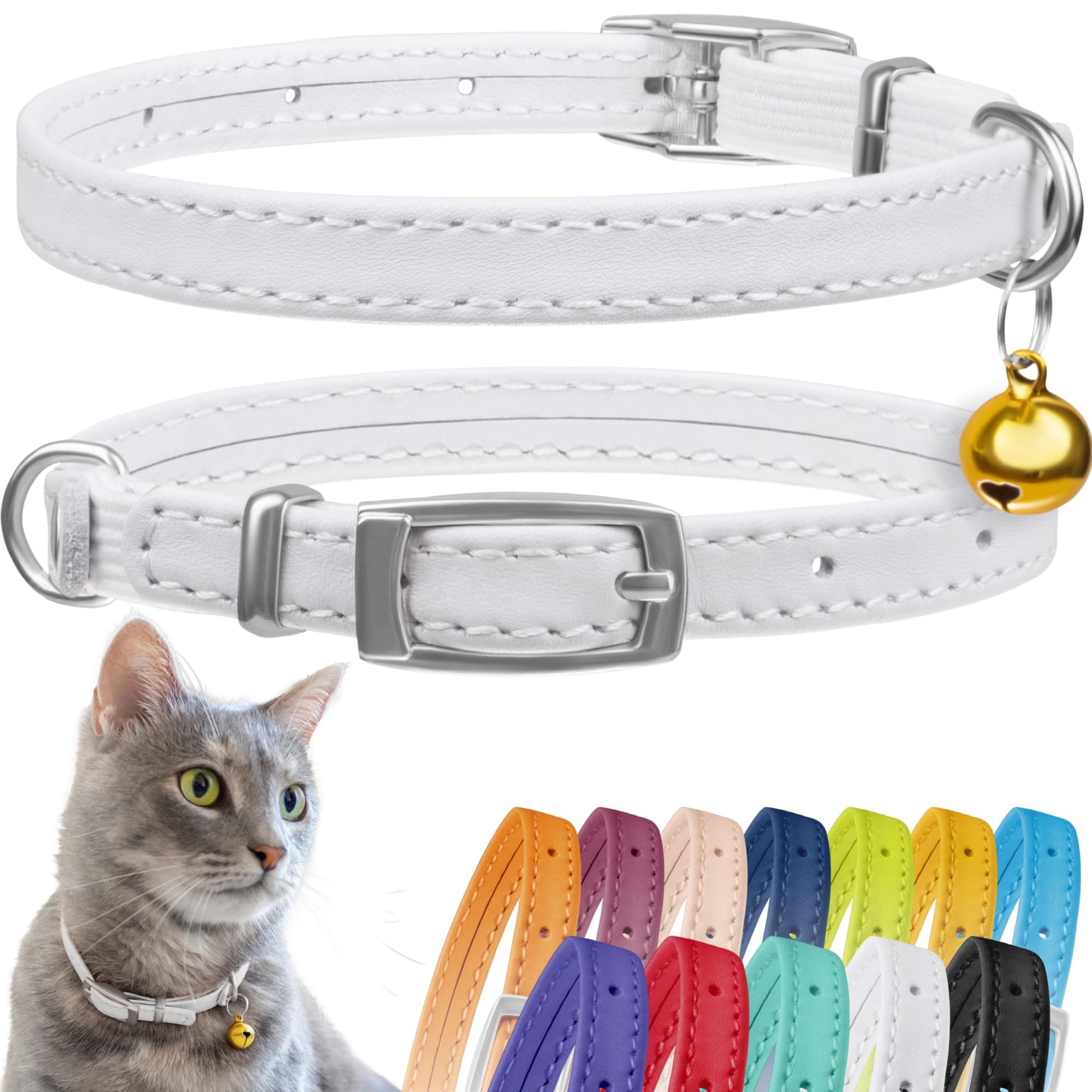 CollarDirect Leather Cat Collar with Bell - Kitten Collar, Small and Big Cat Collar for Boy Cats, Girl Cats with Safety Elastic Strap (Neck Fit 8"-11", White)