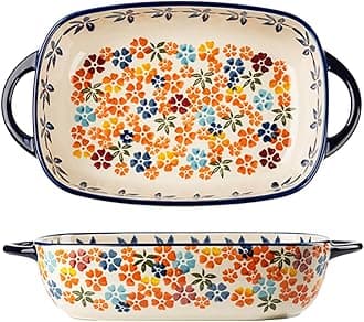 Colorful Cherry Blossom Flowers Vintage Style Ceramic Bakeware Dish Casserole Dish Baking Pan Lasagna Pans with Handles for Oven/Cooking/Kitchen, 1 PCS, 60 oz