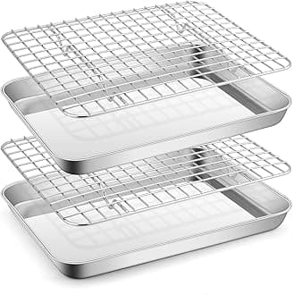 Small Stainless Steel Baking Sheet with Rack Set, 9.4”x7.3” Cookie Sheet Broiling Pan for Toaster Oven, Rimmed Metal Tray with Wire Rack for Cooking/Baking/Cooling, Non-toxic & Dishwasher Safe