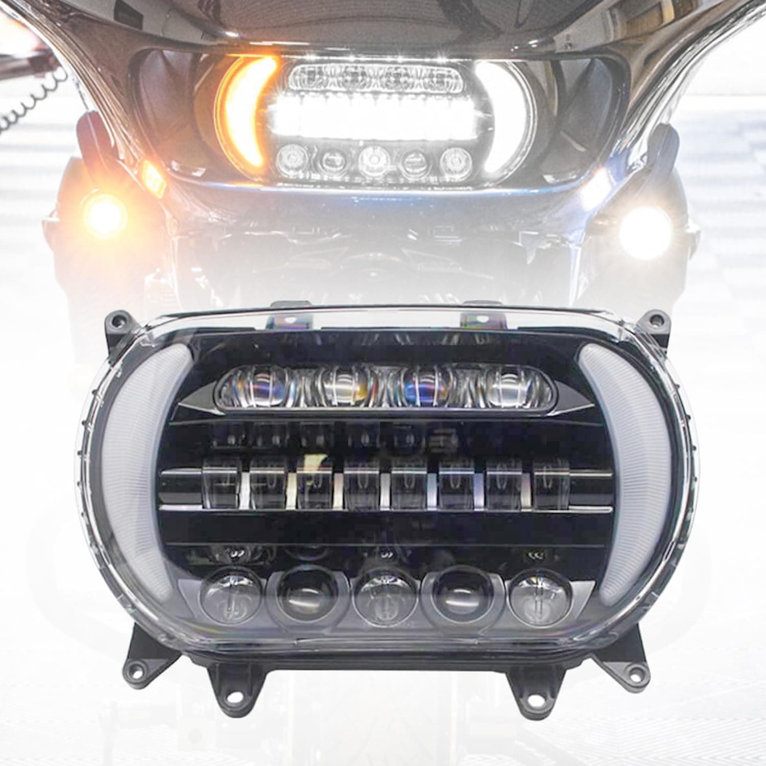 High-Performance LED Headlight Compatible with Harley Davidson Road Glide (2015-2020) – Superior Brightness, Integrated Turn Signals, White Running Lights, and Daytime Running Lights
