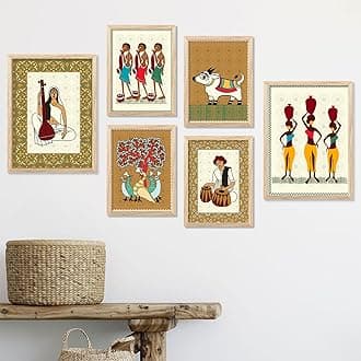 kotart Gond art Premium Digital Paintings with Frame for Home Decoration - Floral Painting for Living Room Bedroom Office Room Decor - Painting for Wall Decoration - Pack of 6 (G)