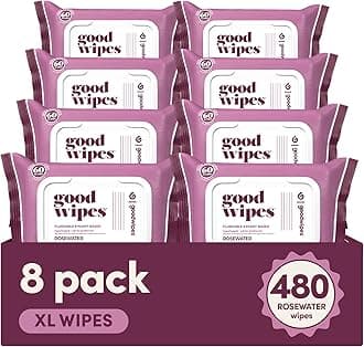 Flushable Butt Wipes Made with Vitamin E & Aloe - Soft & Gentle Wet Wipe Dispenser for Home Use, Septic & Sewer Safe - Largest Adult Toilet Towelettes - Rosewater, 480 Count (8 Packs)