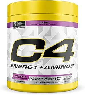 C4 Energy + Aminos Powder, 5g BCAAs & EAAs for Muscle Recovery, 3 Electrolytes for Hydration, 100mg Natural Caffeine, Pre Workout, Zero Sugar, 30 Servings, Grape