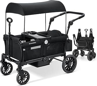 Foldable Wagon Stroller, Stroller Wagon for 2 Kids, Premium All Terrain Wagon for Kids with Removable Canopy, Adjustable Push/Pull Handle, Harnesses, Large Storage Bag, Black