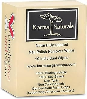 Karma Organic Unscented Nail Polish Remover Wipes, 100% Soy Based, Non-Toxic, Vegan, Cruelty-Free – Pack of 10