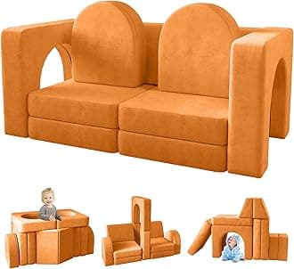 wanan Kids Couch 10PCS, Modular Kids Play Couch for Playroom Bedroom, 10 in 1 Multifunctional Kid Sofa for Playing, Creativing, Sleeping, Indoor Toddler Couches for Boys and Girls (Light Brown)