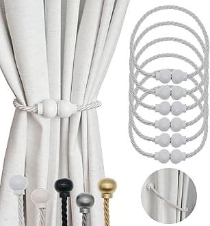 6 Pack Magnetic Curtain Tiebacks Modern Handmade Rope Curtain Tie Backs Decorative Drapes Weave Holdbacks for Home Outdoor Bedroom Office Decorative Curtain, White