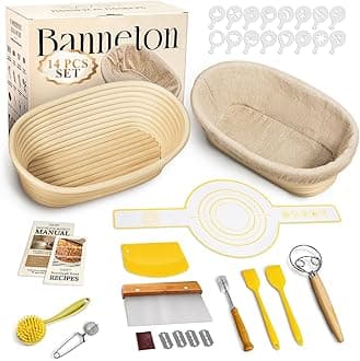 Sourdough Starter Kit, Sourdough Bread Baking Supplies with 2 Pcs 10" Oval Banneton Bread Proofing Baskets, Dough Scraper, Dough Whisk, Bread Lame, Silicone Sling, Spatula, Recipe