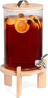 Navaris Beverage Dispenser with Stand - 1.8 Gallon (7L) Glass Drink Dispenser with Spigot, Lid, Beech Wood Stand for Hot or Cold Drinks, Ice Water
